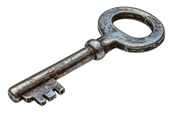 Antique and rustic metal key isolated on a cutout PNG transparent background