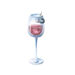 Glass of red wine with two berries inside. Isolated watercolor illustration in realistic style for bar menu design, restaurant interior, printing on alcoholic beverages, printing on textiles.