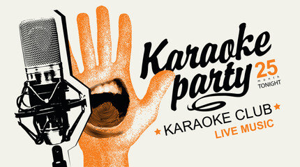 Vector poster for karaoke party in vintage style with singing mouth, hand, studio microphone and calligraphy lettering. Suitable for promotional music banner, flyer, invitation, ticket. No AI used