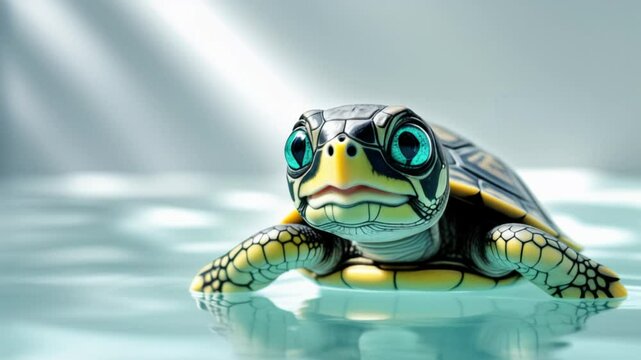 Close-up of a small turtle with intricate shell patterns and striking blue eyes, resting on a smooth water surface. The scene features soft lighting and a serene atmosphere.
