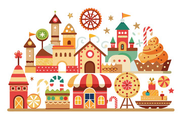 Whimsical candy land village with ferris wheel and sweet treats