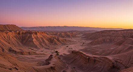 Fototapeta premium Desert Sunset Panorama: Panoramic vista of a rugged desert landscape under the warm glow of sunset, capturing the vastness, colors, and tranquil beauty of the wilderness.
