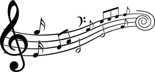 Illustration of a musical staff with notes and a treble clef in black ink