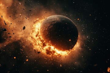 Planet colliding with massive fiery explosion, fragments and debris scattering through space, glowing molten surface visible, cosmic destruction unfolding in dramatic outer space scene