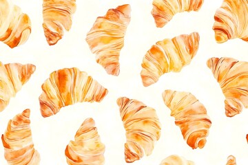 Watercolor painting of golden croissants arranged in a repeating pattern on a white background