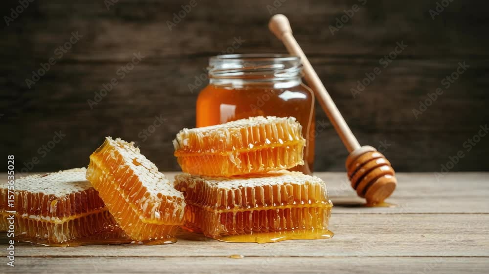 Poster honeycomb pieces with jar of honey and dipper on rustic table