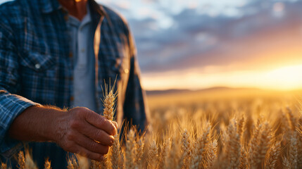 Farmer in light shirt touching ripe ears of wheat under setting sun, close-up on hand and golden grains, expansive field fading into horizon, vibrant summer atmosphere emphasizing