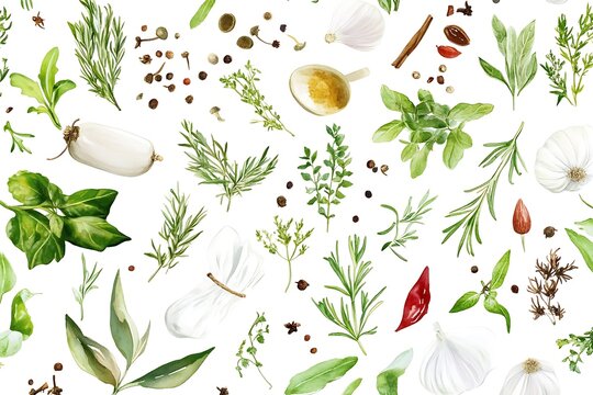 Watercolor painting of assorted fresh herbs garlic spices and chili pepper - Powered by Adobe