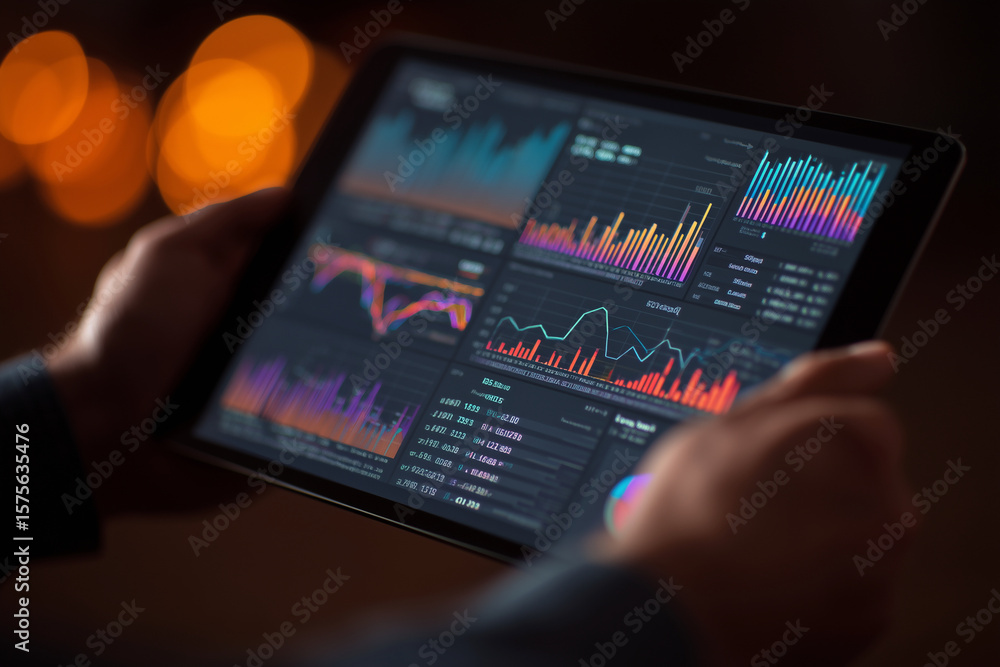 Poster a person is holding a tablet with a screen displaying various graphs and numbers