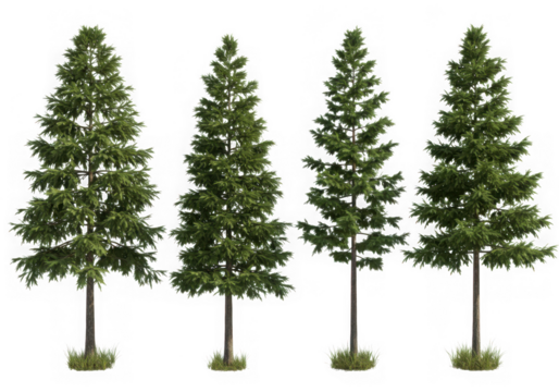 Four realistic fir trees isolated on transparent background - Powered by Adobe