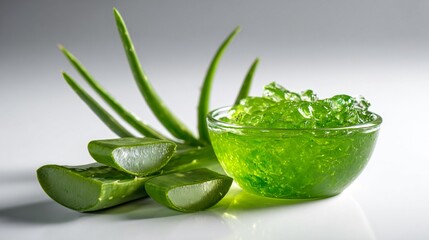 Obraz premium Aloe vera leaf sliced beside glass bowl of gel, white backdrop