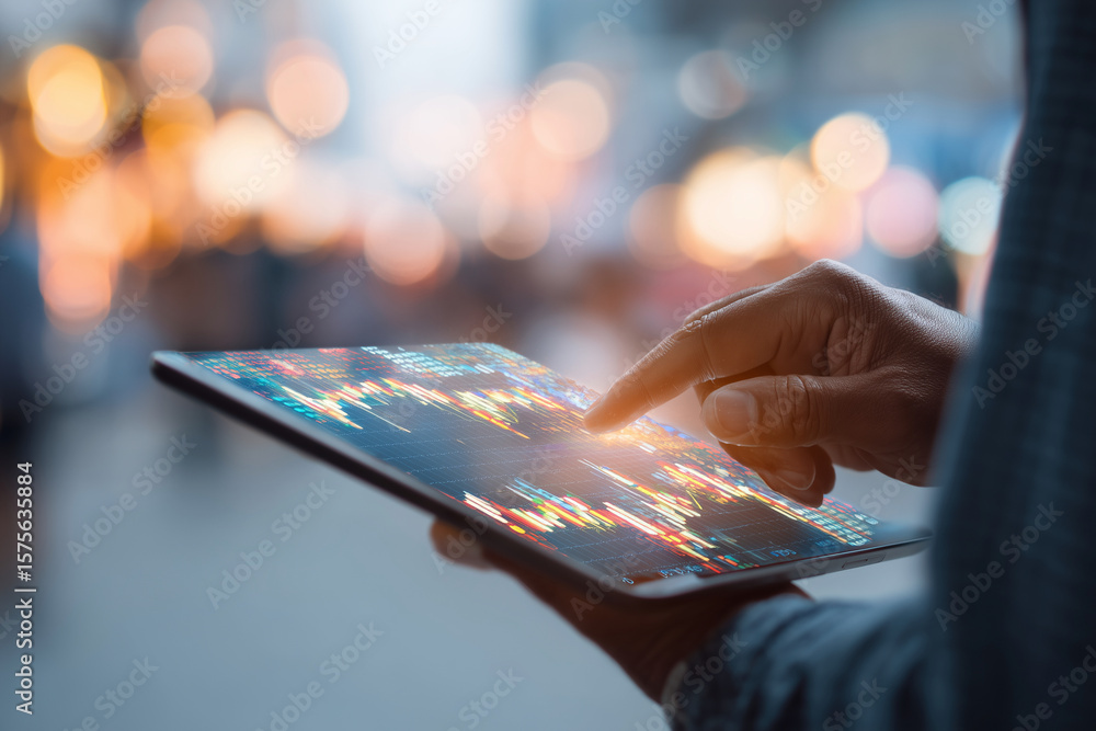 Aufkleber a person is pointing at a tablet screen with a financial graph