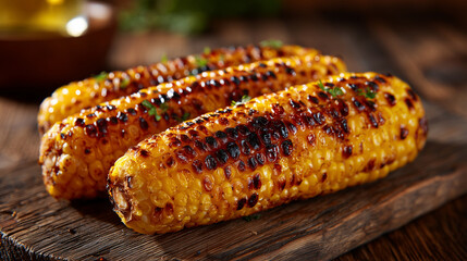 Golden kernels of three grilled corncobs shine with smoky char marks on natural wooden table, late afternoon sunlight creating rich textures and inviting warm seasonal atmosphere