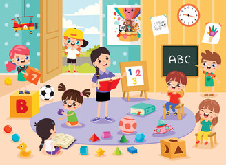 Kindergarten Scene With Cartoon Characters