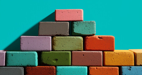 Colorful plastic bricks minimal background