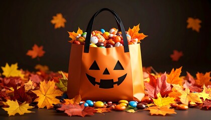 Halloween candy bag filled with treats, surrounded by autumn leaves