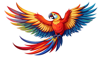 Obraz premium Scarlet Macaw – Scarlet Macaw bursts through tropical air with blazing red, yellow, and blue plumage. Its curved beak and wide wingspan make a vivid statement in close-up vector style.