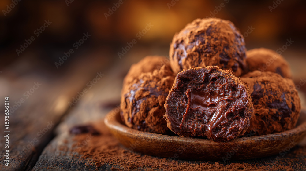 Poster rich dark chocolate truffles with delicate cocoa coating arranged closely, broken open truffle showc