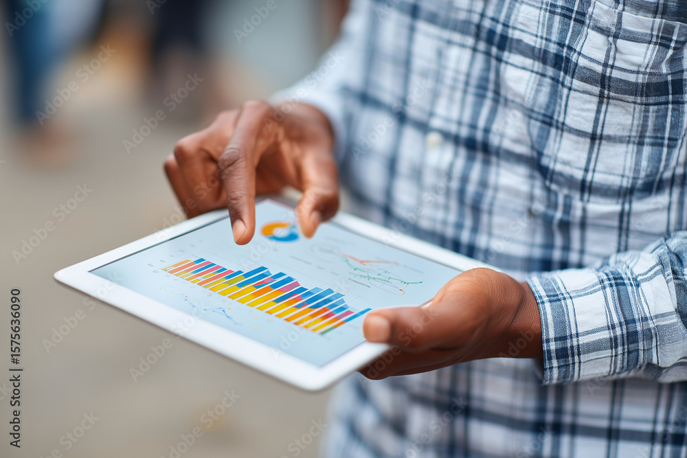 Poster a man is holding a tablet and pointing at a graph