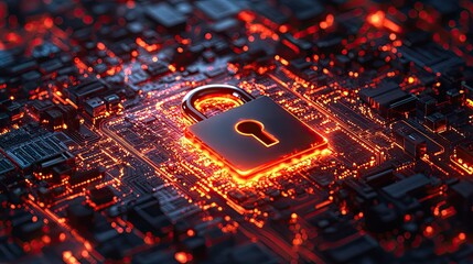 3D concept of data protection with glowing tech shield and security padlock, digital safety and privacy technology