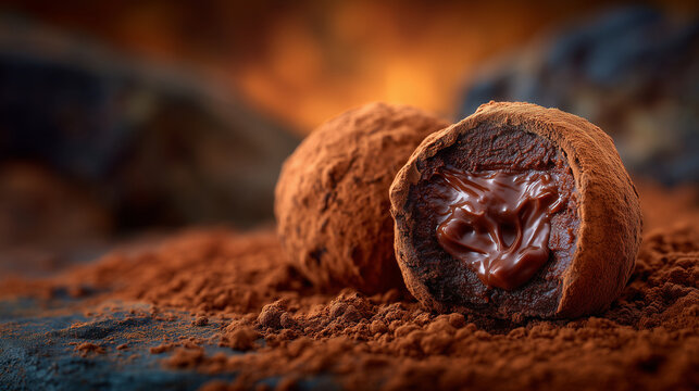 Detailed shot of round chocolate truffles coated in soft cocoa dust, broken truffle exposing smooth, rich chocolate filling oozing slightly, background blurred for elegant confecti