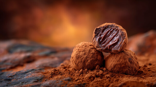 Detailed shot of round chocolate truffles coated in soft cocoa dust, broken truffle exposing smooth, rich chocolate filling oozing slightly, background blurred for elegant confecti