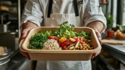 Chef's hands holding a takeout container of rice chickpeas and fresh vegetables