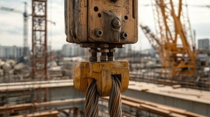 Close up of crane cable clamp construction site background Industry Equipment