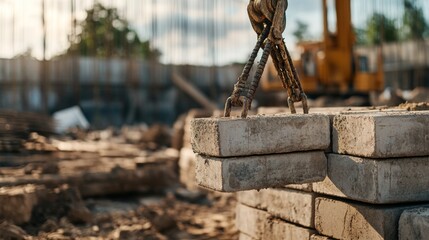 Construction site Crane lifting concrete blocks Building materials and heavy machinery