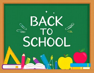"Back to School" message on a chalkboard with school supplies and books, creating a learning environment.