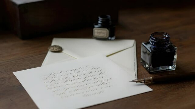 Elegant calligraphy on paper with ink bottles and envelope wooden desk