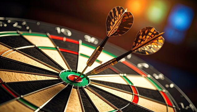 Dartboard with two darts near bullseye
