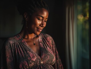 A beautiful, intimate portrait of a pregnant Black woman smiling peacefully with her eyes closed, basking in the warm, natural light from a nearby window
