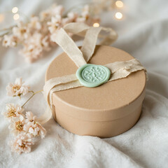 Round gift box with green seal and ribbon on soft fabric background  