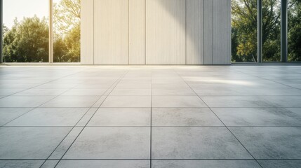 Modern interior spacious room with large windows light gray tile floor and light wood wall