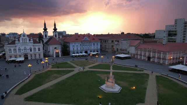 Aerial drone footage 4k video of Union Square in Timisoara, Romania
