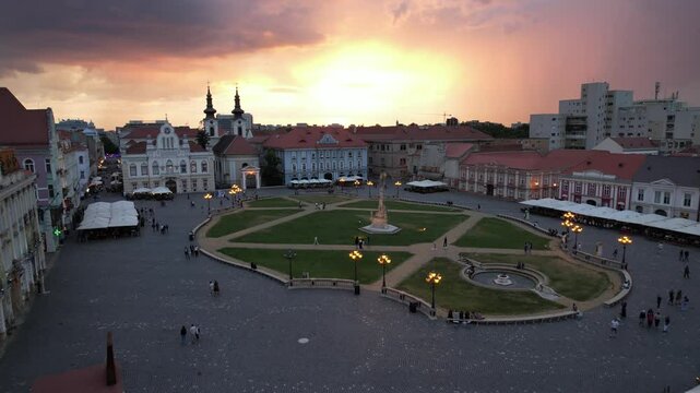 Aerial drone footage 4k video of Union Square in Timisoara, Romania