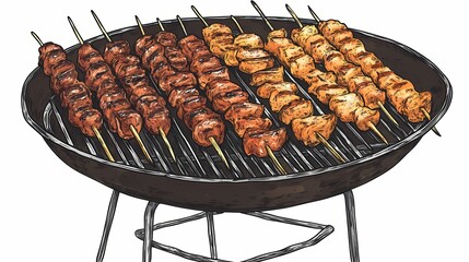 Grilled skewers of meat on a portable barbecue.