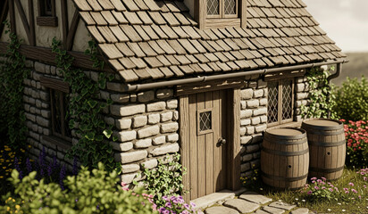 Stone cottage exterior, wooden door, roof shingles, ivy, barrels, flowers, pathway, showcasing rustic charm and fairytale-like setting