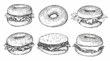 Hand drawn illustrations of various bagel sandwiches.