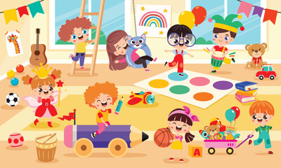 Kindergarten Scene With Cartoon Characters
