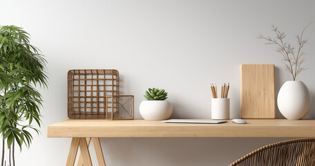 Modern Minimalist Workspace with Bamboo Accessories and Wood background