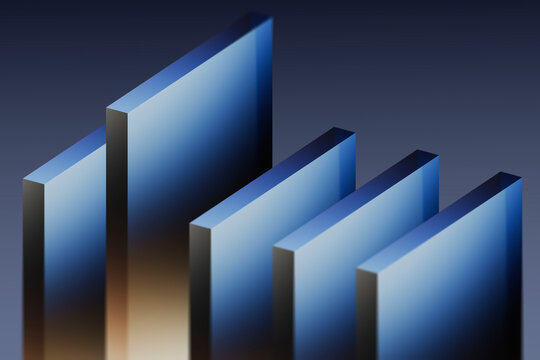3D rendering of geometric glass rectangles with gradient and refraction effects