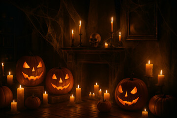 Carved pumpkins and candles illuminate a spooky Halloween night scene