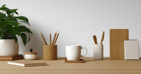 Minimalist Workspace with Bamboo Accessories and Wood background