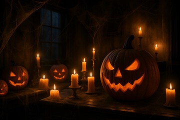 Spooky Halloween pumpkins glow with flickering candles in a dim room