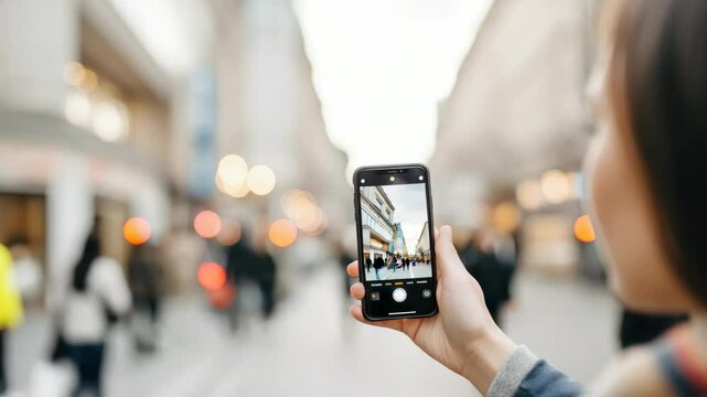Woman taking photo with smartphone on busy city street