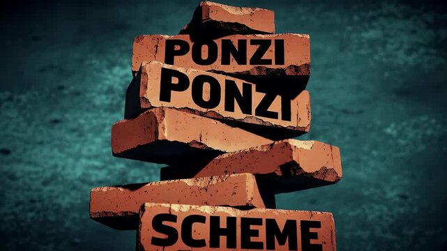 Stack of Orange Bricks with Ponzi Scheme Text on Dark Blue Textured Background