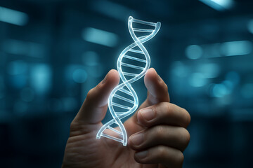 Holding a luminous DNA strand, representing science and medicine