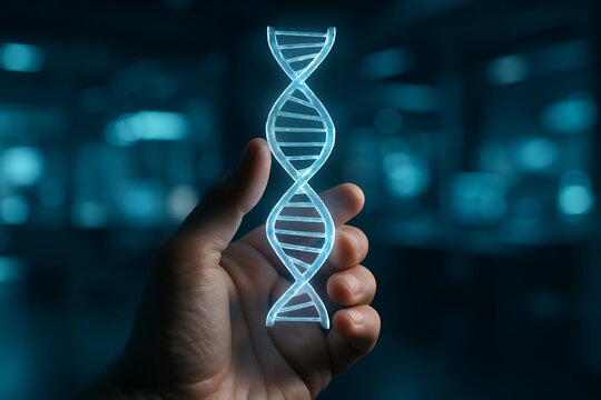 Human hand holds a luminous DNA strand in a dark setting